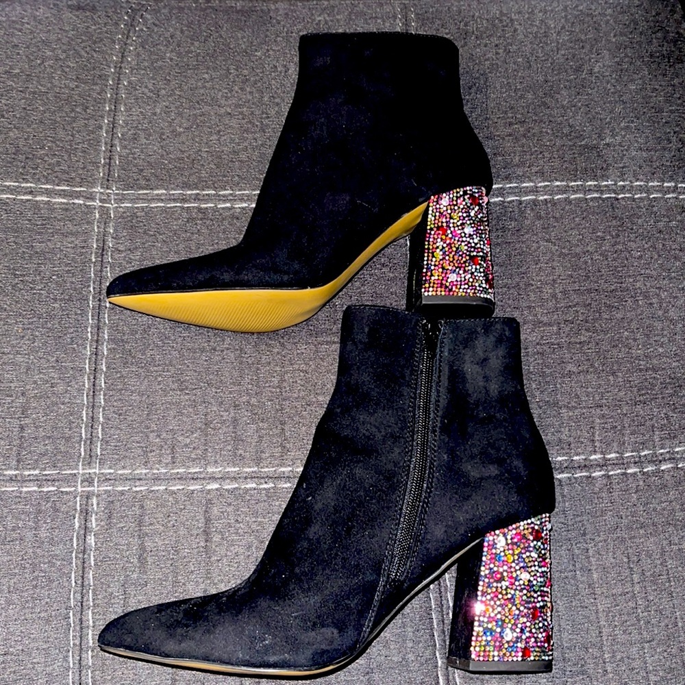 Betsey Johnson Black Ankle Boots with Multicolor Heel